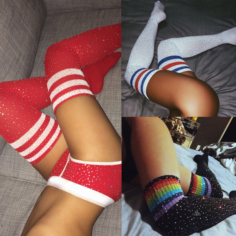 Sexy Rhinestone Knee Socks Striped Women Stockings Rhinestone Socks High-Top Cotton Socks