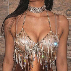 Sexy Beach Ornament Diamond Tassel Body Cha Bikini Chest Necklace Rhinestone Underwear Bra