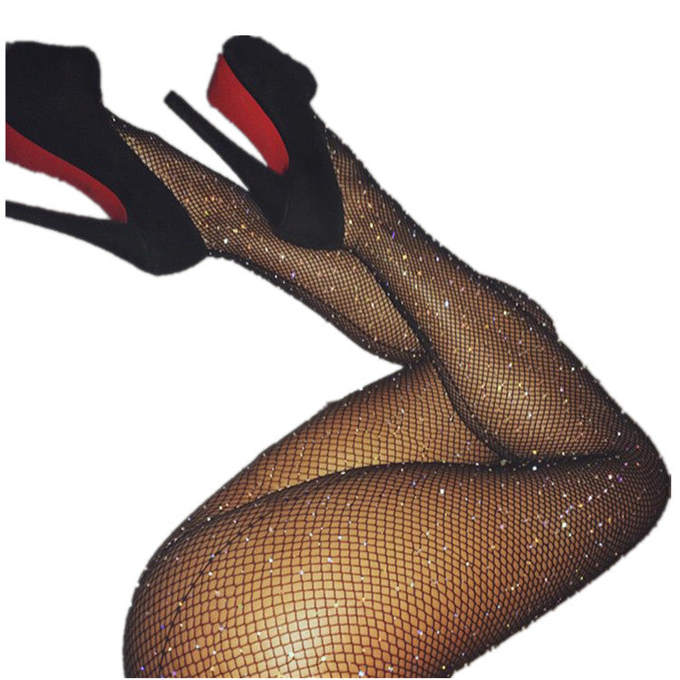 New Rear Vertical Line Sexy Rhinestone Mesh Stockings Diamond Mesh Fishnet Pantyhose Black Small Mesh Stockings