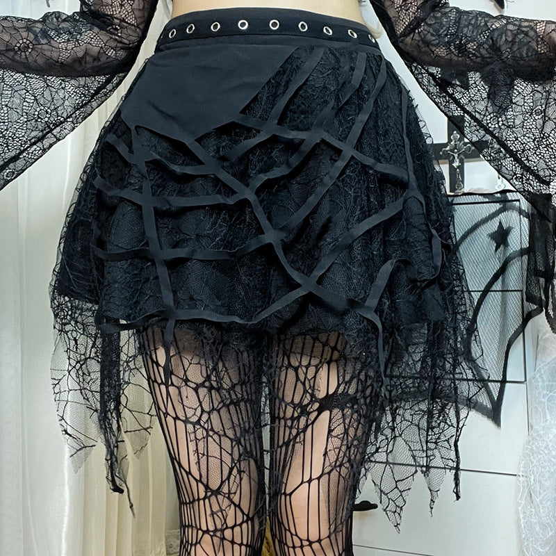 Women Skirt Autumn Gothic Punk Spider Web Tassel Mini Skirt  Hallowen Gothic Skirt