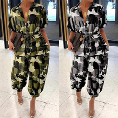 Summer Camouflage Short Sleeve Collared High Waist Casual Loose Jumpsuit Women