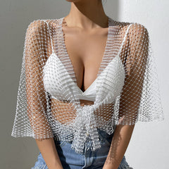 Rhinestone Fishnet Top Step into Summer Popular Mesh Rhinestone Women Clothing Short Sleeve Vest