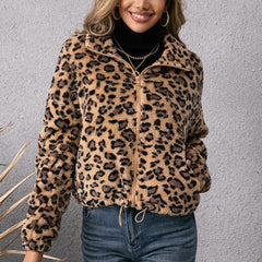 Leopard Print Collared Zipper Furry Jacket Long Sleeve Fleece Sweatshirt Coat Women