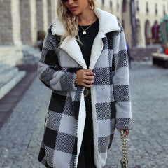 Women Autumn Clothing Collared Long Sleeve Buckle Free Plaid Long Loose Plush Casual Coat