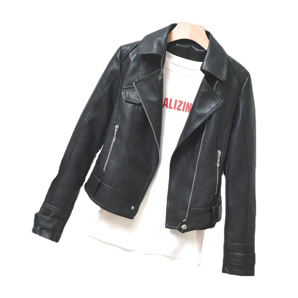 Autumn Handsome Motorcycle Short Faux Leather Small Leather Coat Women Slim Fit Slimming Top Collared Leather Jacket