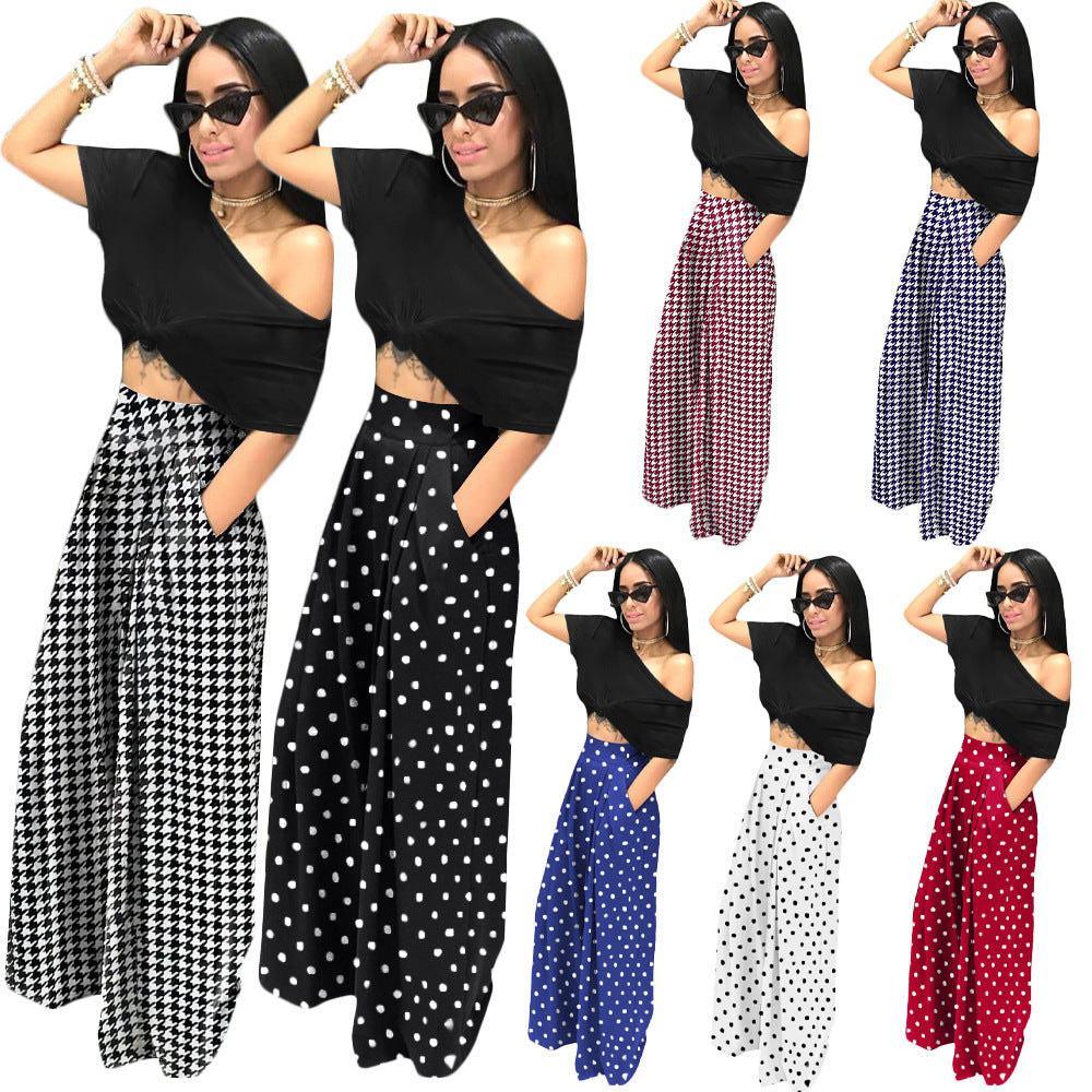 Personality Houndstooth Printed Flared Pants Wide Leg Casual Pants Autumn Winter Wide Leg Pants Plus Size