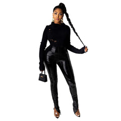 Women Casual Ruched Pile Pants Slit plus Velvet Light Faux Leather Casual Pants