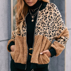 Leopard Print Stud Autumn Winter Stitching Plush Zipper Jacket Loose Wool Sweater Coat Women