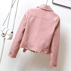 Autumn Handsome Motorcycle Short Faux Leather Small Leather Coat Women Slim Fit Slimming Top Collared Leather Jacket