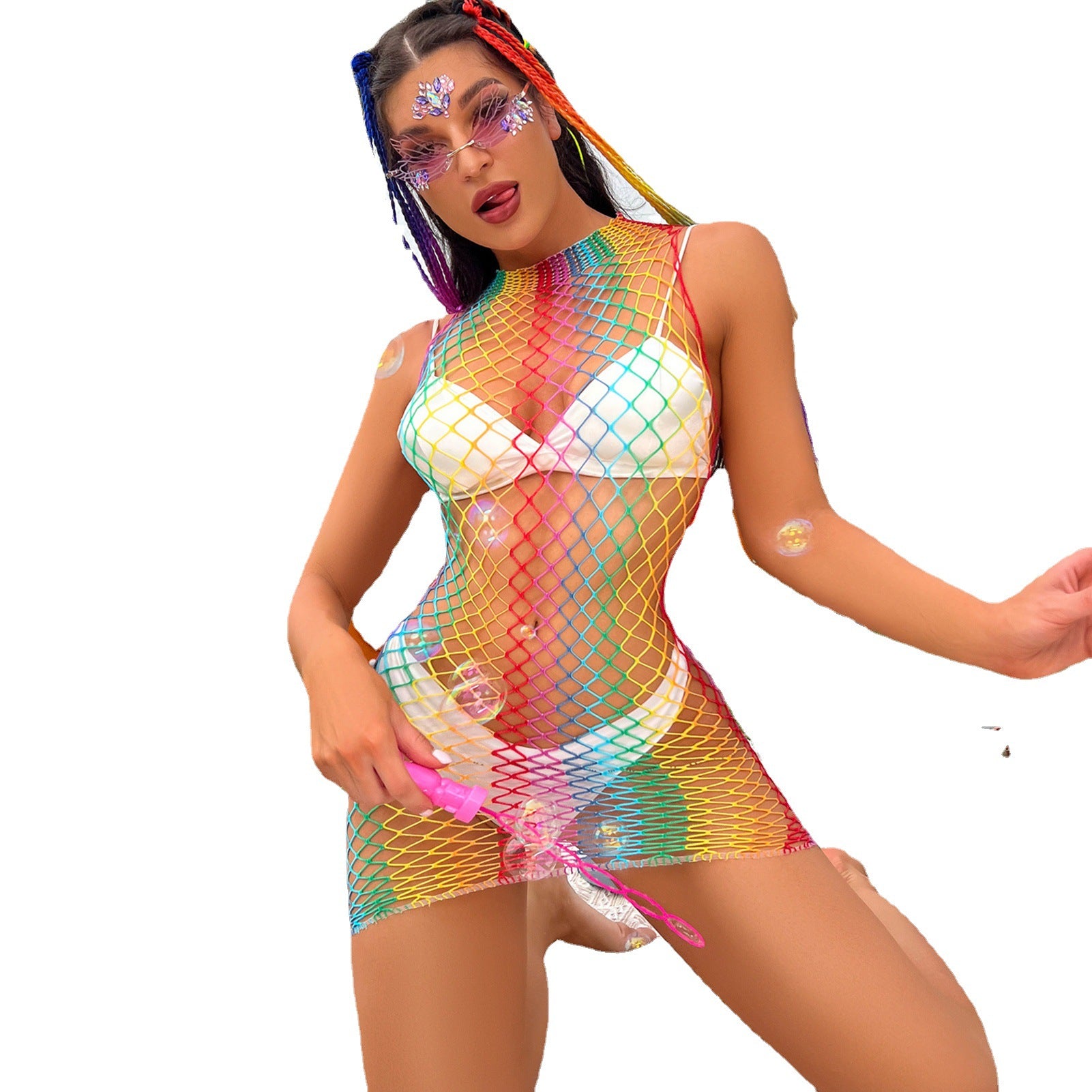 High-Grade Free Internet Celebrity Colorful Fishnet Sexy Lingerie Summer Beach Bikini Jacket Nightclub