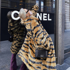 Faux Fur Coat Imitation Tiger Pattern Fur Lengthened Artificial Fur Faux Fur Coat Fur Loose Overcoat Coat