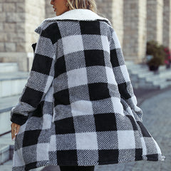 Women Autumn Clothing Collared Long Sleeve Buckle Free Plaid Long Loose Plush Casual Coat