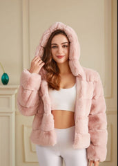 Short Solid Color Loose Horizontal Hooded Coat Faux Fur Autumn Winter Warm Coat