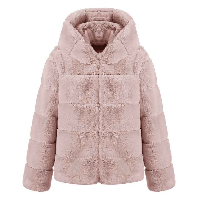 Short Solid Color Loose Horizontal Hooded Coat Faux Fur Autumn Winter Warm Coat