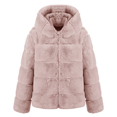 Short Solid Color Loose Horizontal Hooded Coat Faux Fur Autumn Winter Warm Coat