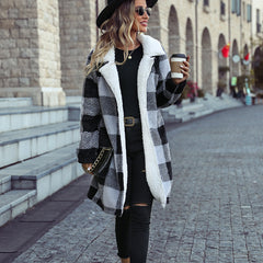 Women Autumn Clothing Collared Long Sleeve Buckle Free Plaid Long Loose Plush Casual Coat