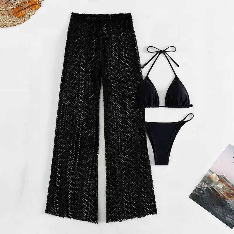 Sexy Korean Solid Color Knitted Trousers Bikini Three Piece Set