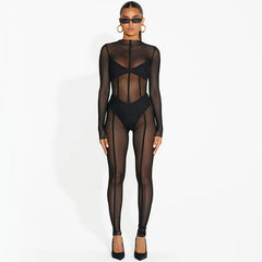 Long Sleeve Mesh Trousers Autumn Women  Clothing Sexy See through Jumpsuit