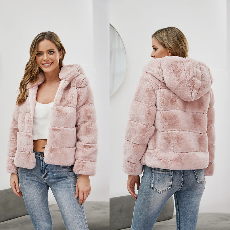 Short Solid Color Loose Horizontal Hooded Coat Faux Fur Autumn Winter Warm Coat